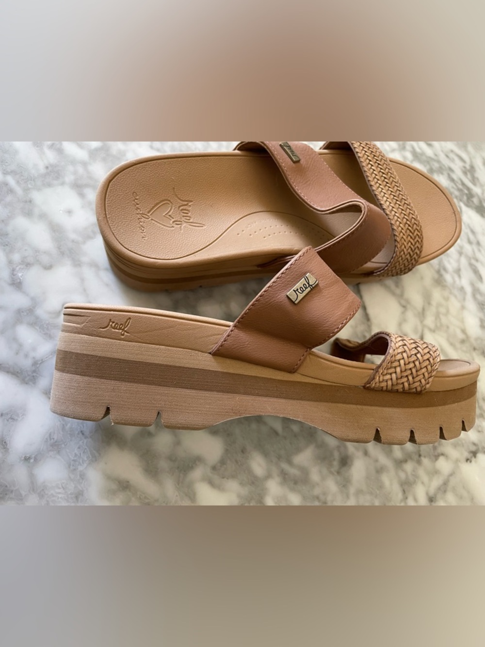 Reef Women’s Tan Braided and Smooth Platform Slide Sandals Size 10
